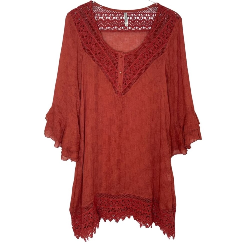 Monoreno Boho Rust Embroidered Tunic/Dress Ruffle & Crochet Detailing Size Small